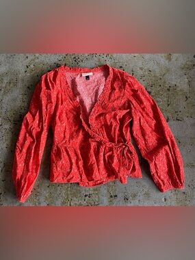 Universal Thread Orange/Red Floral Wrap Long Sleeve Blouse Size Large